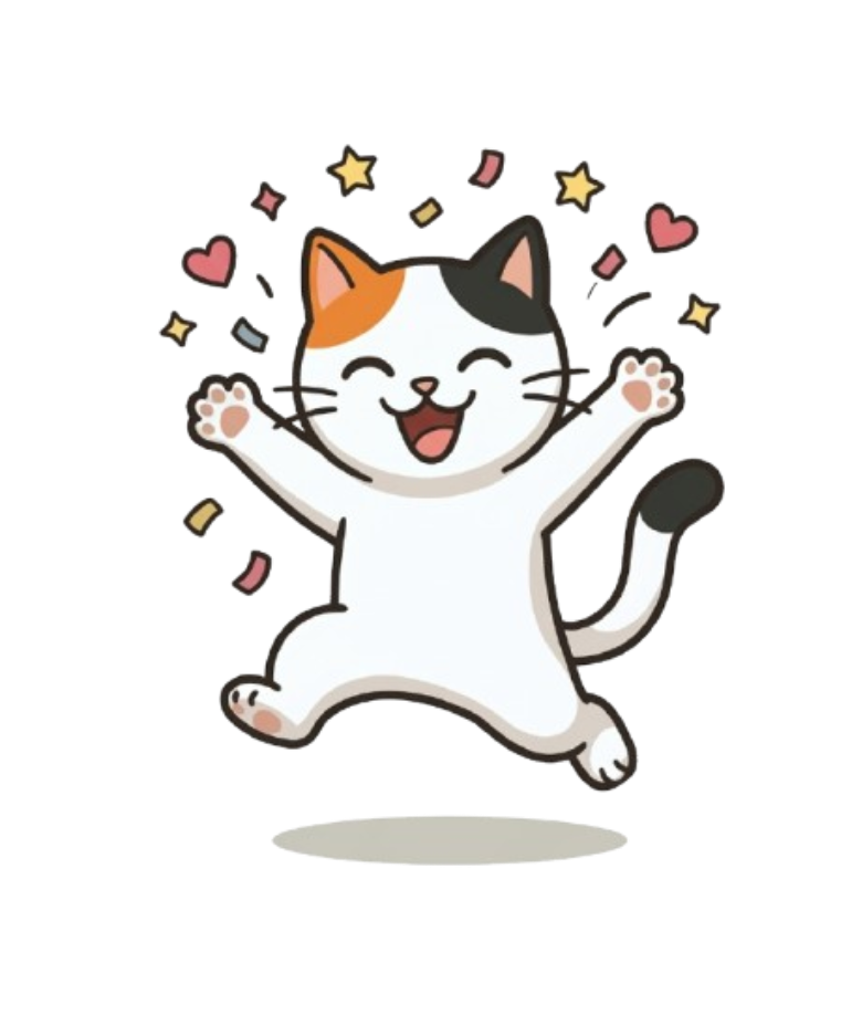 Belly-Well cat mascot celebrating with confetti