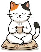 Belly-Well cat mascot holding a warm cup of tea